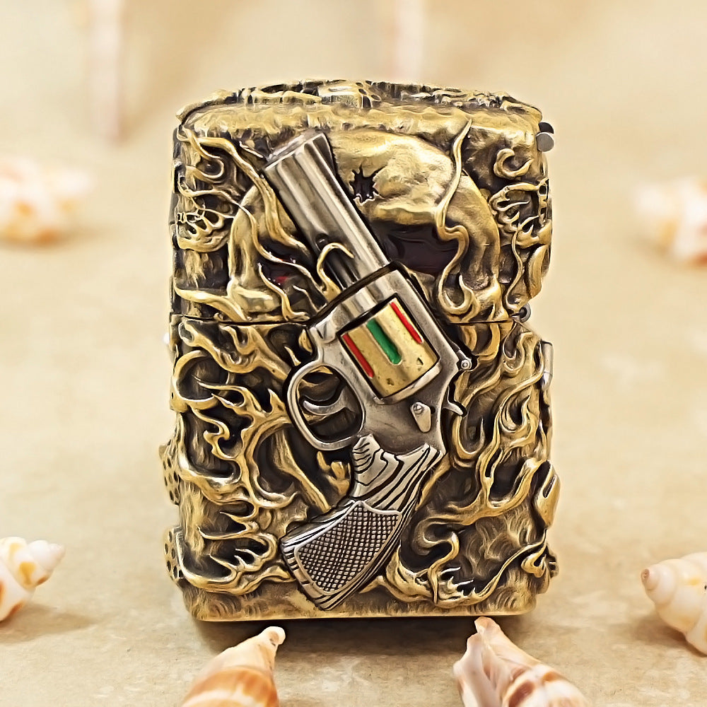 Zippo Antique Brass Nether Zorro Skull and Revolver Shell Case - CM74