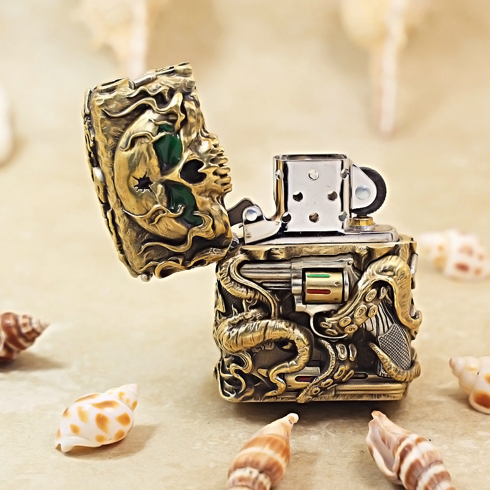 Zippo Antique Brass Nether Zorro Skull and Revolver Shell Case - CM74