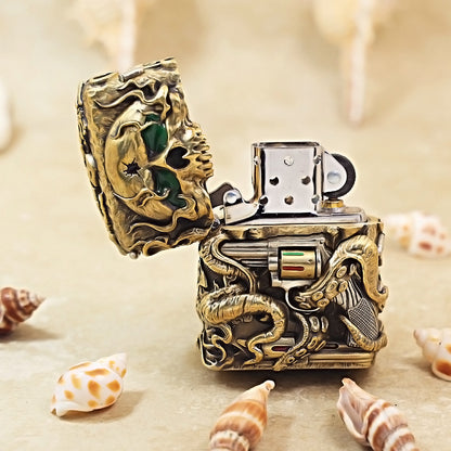 Zippo Antique Brass Nether Zorro Skull and Revolver Shell Case - CM74