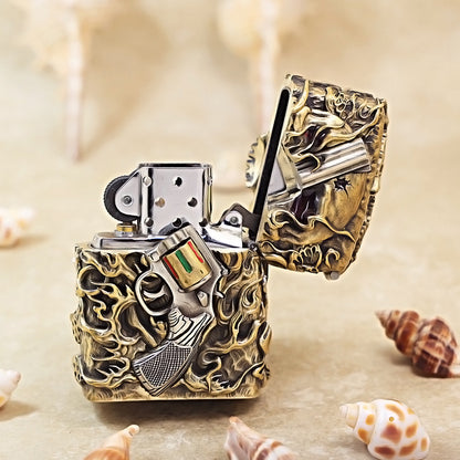 Zippo Antique Brass Nether Zorro Skull and Revolver Shell Case - CM74