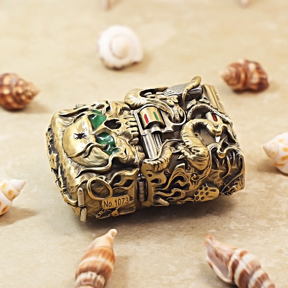 Zippo Antique Brass Nether Zorro Skull and Revolver Shell Case - CM74