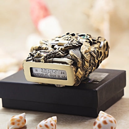 Zippo Antique Brass Nether Zorro Skull and Revolver Shell Case - CM74