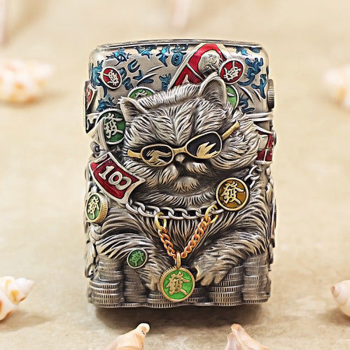 Zippo Antique Silver Cool Millionaire Fortune Cat Shell Case - CM88