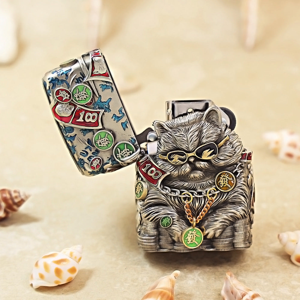 Zippo Antique Silver Cool Millionaire Fortune Cat Shell Case - CM88