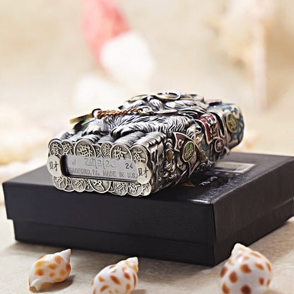 Zippo Antique Silver Cool Millionaire Fortune Cat Shell Case - CM88