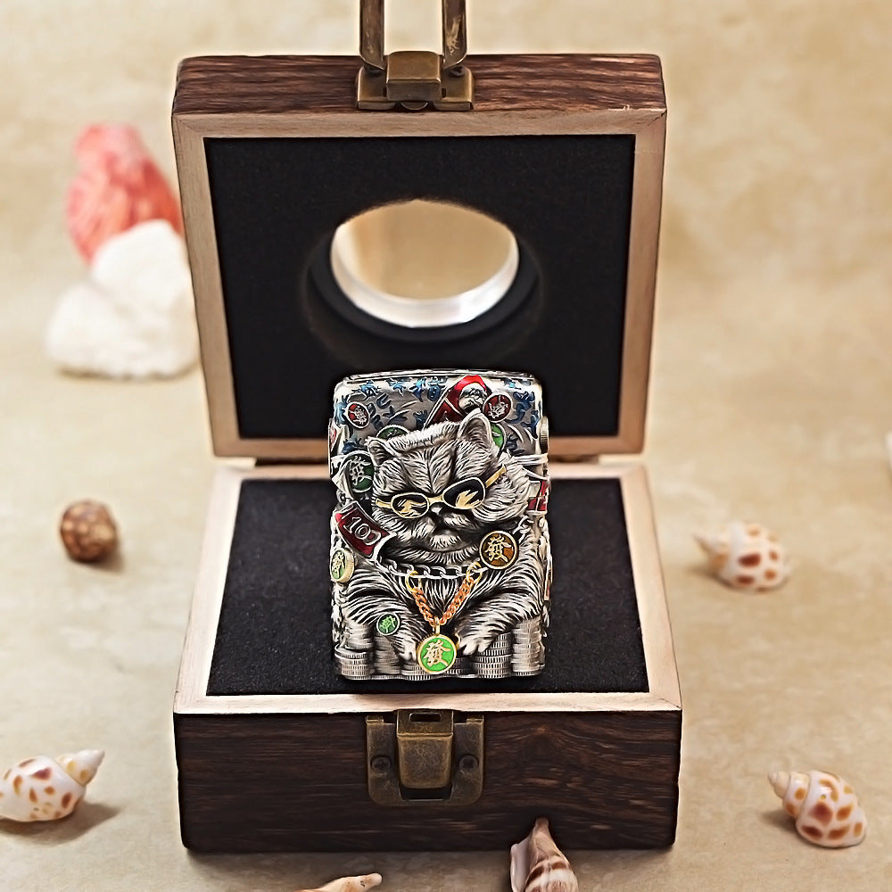 Zippo Antique Silver Cool Millionaire Fortune Cat Shell Case - CM88