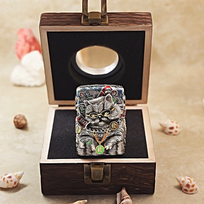 Zippo Antique Silver Cool Millionaire Fortune Cat Shell Case - CM88