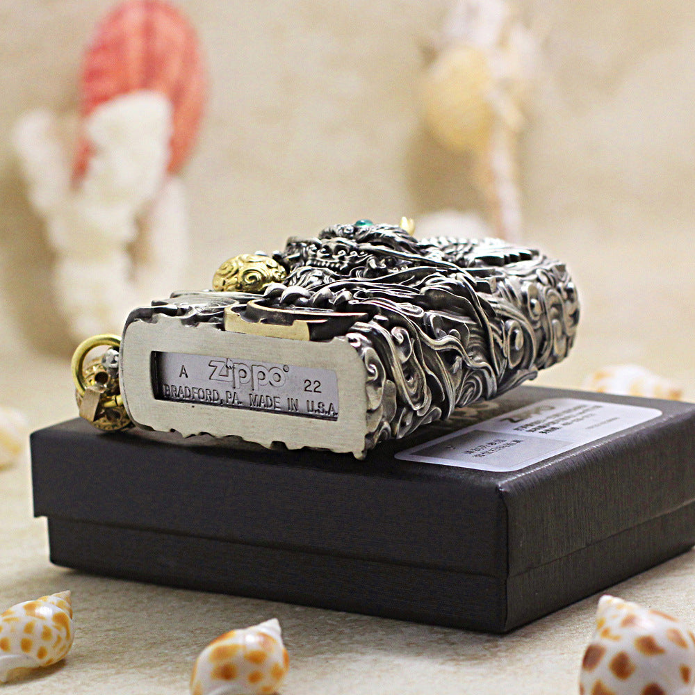 Zippo Antique Silver Dynamic Pixiu Mythical Beast Shell Case - CM98