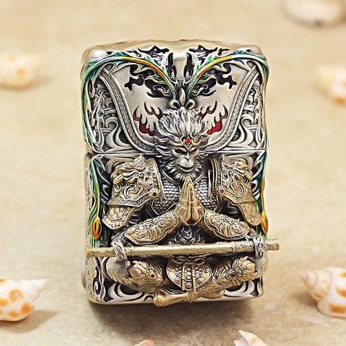 Zippo Antique Silver Luminous Sun Wukong Fighting Buddha Shell Case - CM85