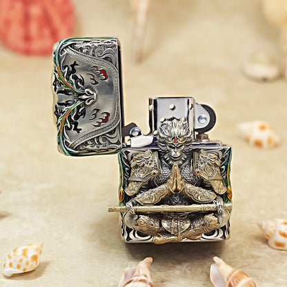 Zippo Antique Silver Luminous Sun Wukong Fighting Buddha Shell Case - CM85