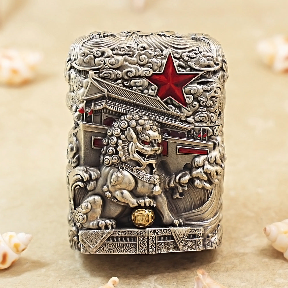 Zippo Antique Silver Majestic Pass Guardian Lion Shell Case - CM64
