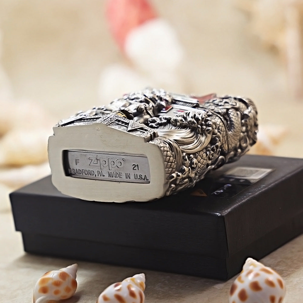 Zippo Antique Silver Majestic Pass Guardian Lion Shell Case - CM64