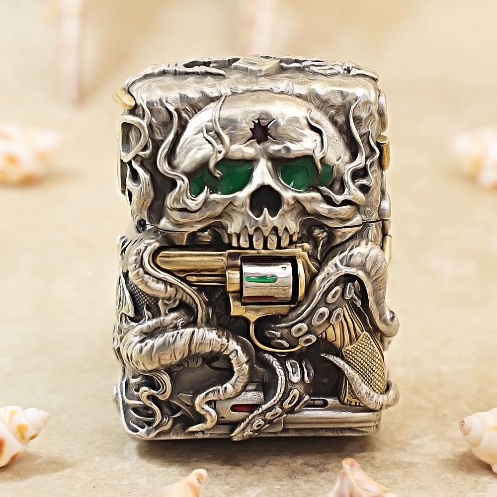 Zippo Antique Silver Nether Zorro Skull and Revolver Shell Case - CM75