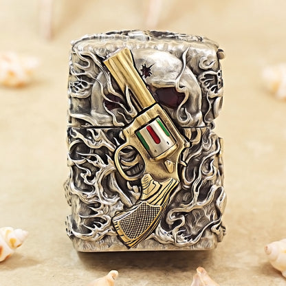 Zippo Antique Silver Nether Zorro Skull and Revolver Shell Case - CM75