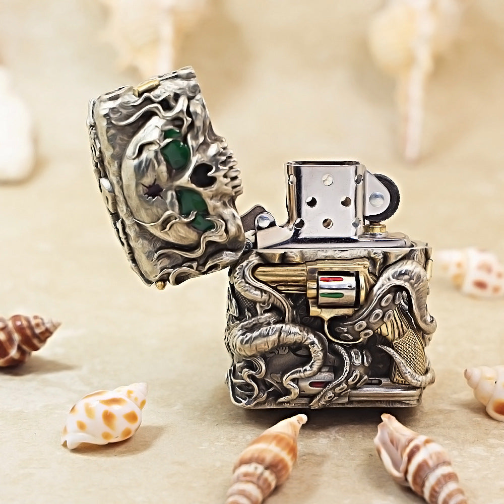 Zippo Antique Silver Nether Zorro Skull and Revolver Shell Case - CM75