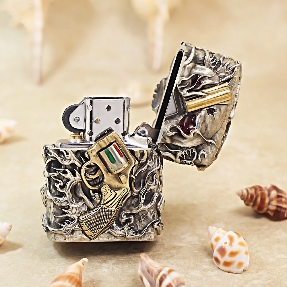 Zippo Antique Silver Nether Zorro Skull and Revolver Shell Case - CM75