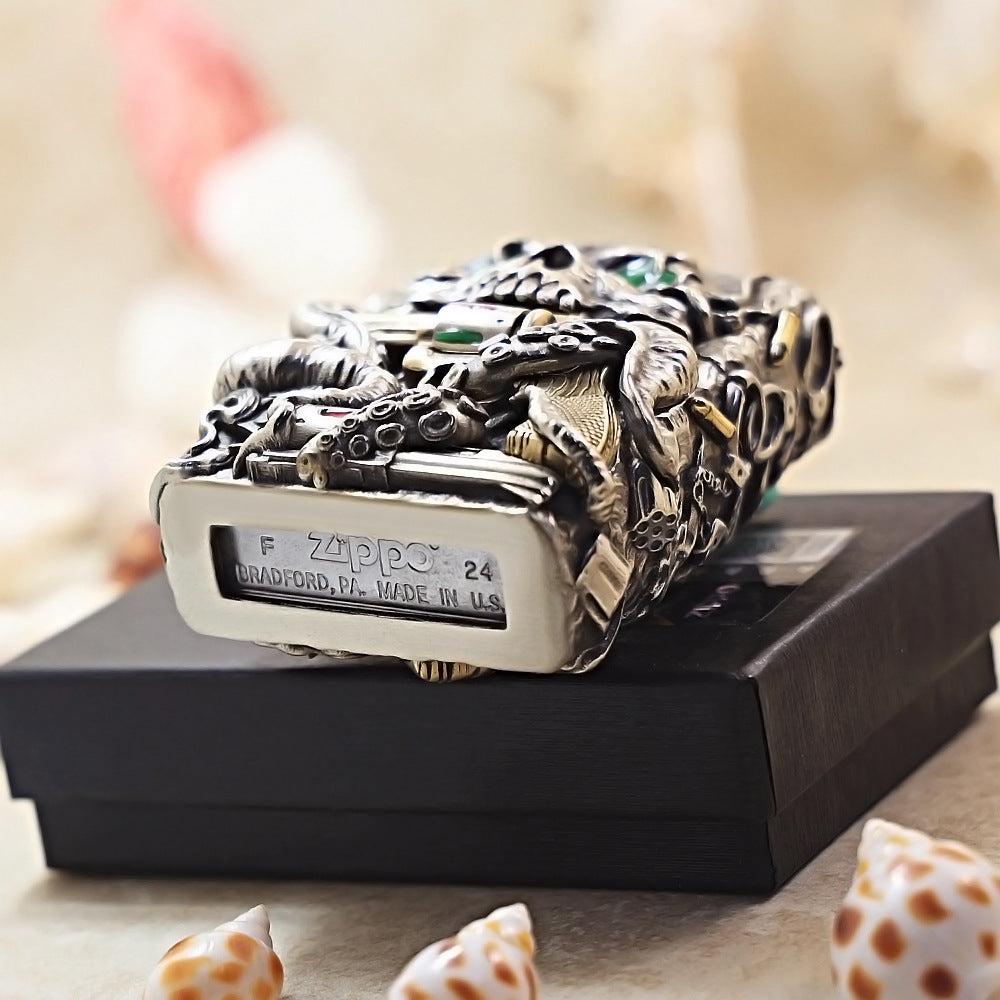 Zippo Antique Silver Nether Zorro Skull and Revolver Shell Case - CM75