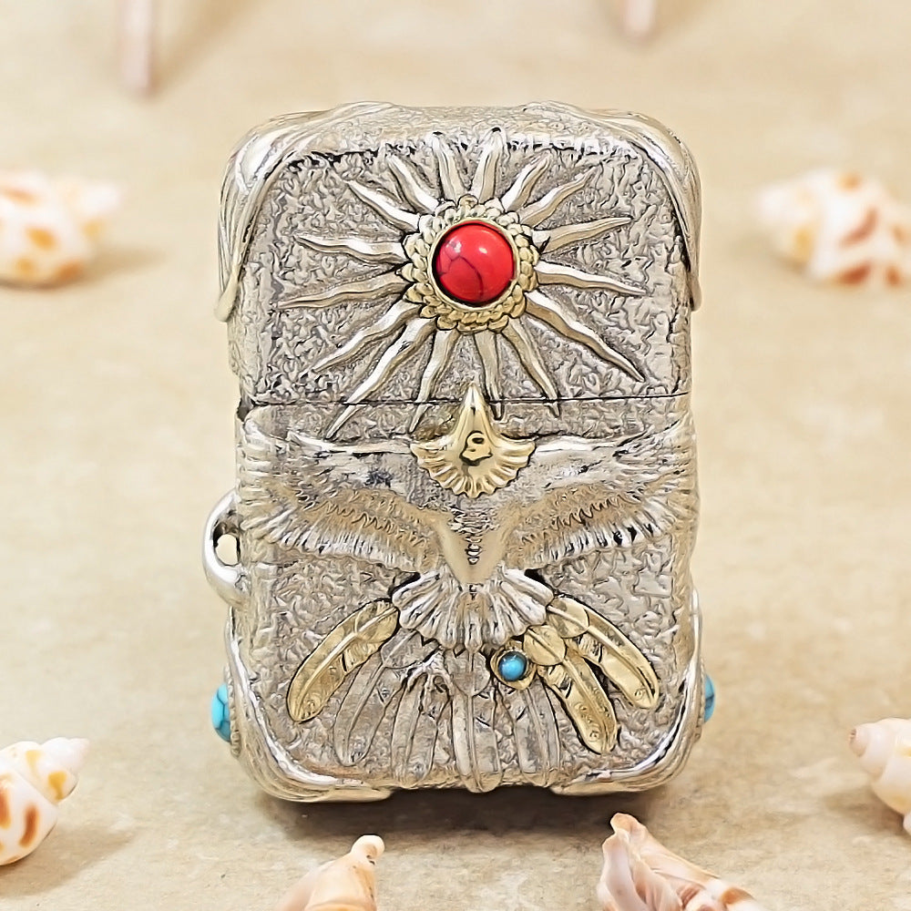 Zippo Antique Silver Shell Blazing Sun Eagle with Red Turquoise Case - CM94