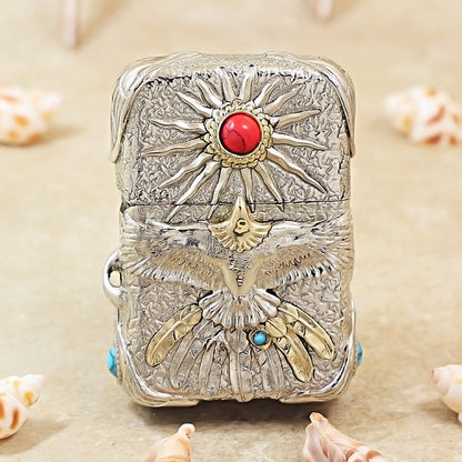 Zippo Antique Silver Shell Blazing Sun Eagle with Red Turquoise Case - CM94