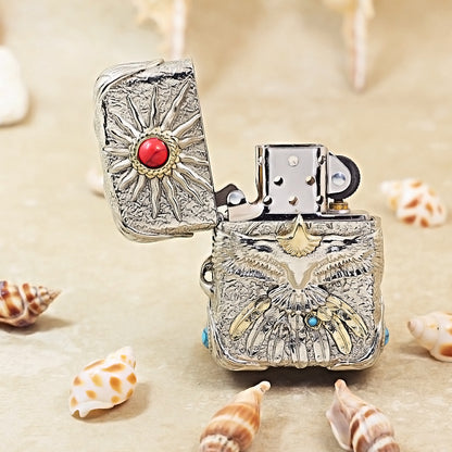 Zippo Antique Silver Shell Blazing Sun Eagle with Red Turquoise Case - CM94
