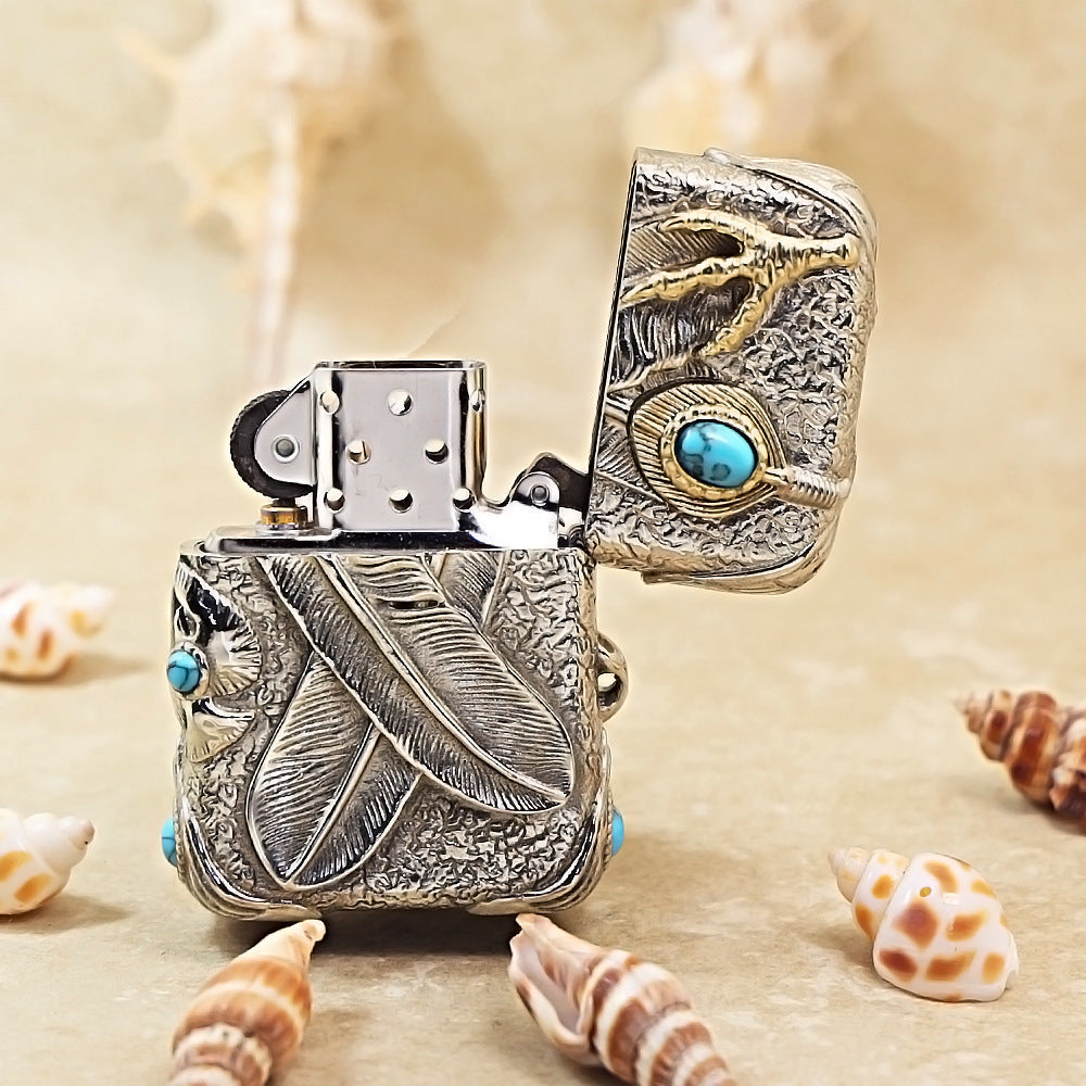 Zippo Antique Silver Shell Blazing Sun Eagle with Red Turquoise Case - CM94