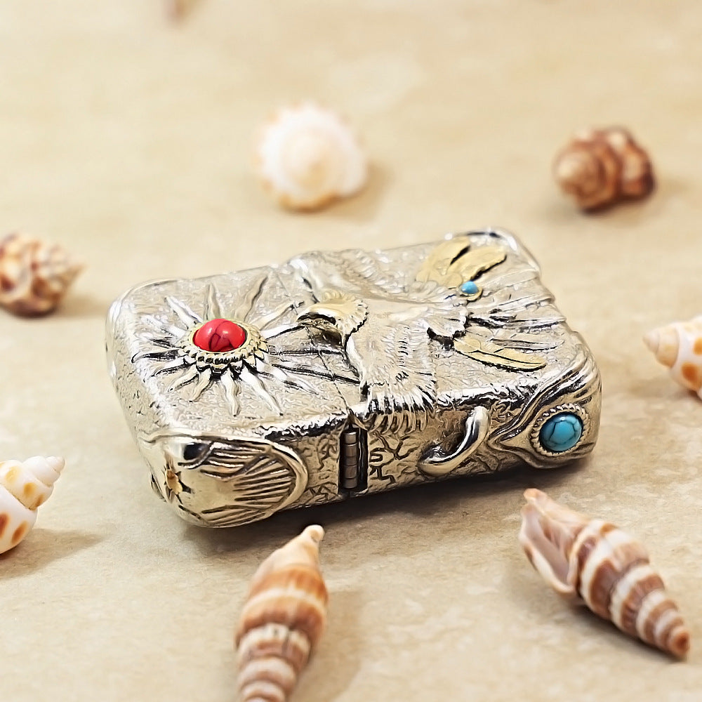 Zippo Antique Silver Shell Blazing Sun Eagle with Red Turquoise Case - CM94