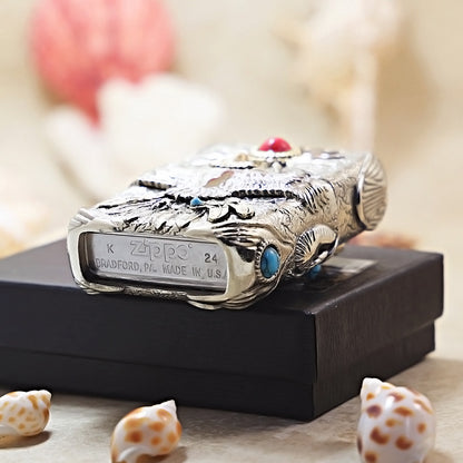 Zippo Antique Silver Shell Blazing Sun Eagle with Red Turquoise Case - CM94