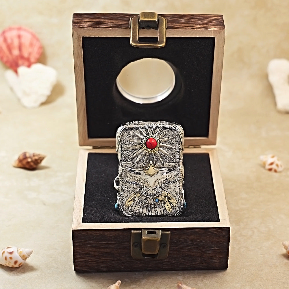 Zippo Antique Silver Shell Blazing Sun Eagle with Red Turquoise Case - CM94