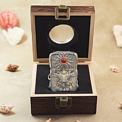 Zippo Antique Silver Shell Blazing Sun Eagle with Red Turquoise Case - CM94