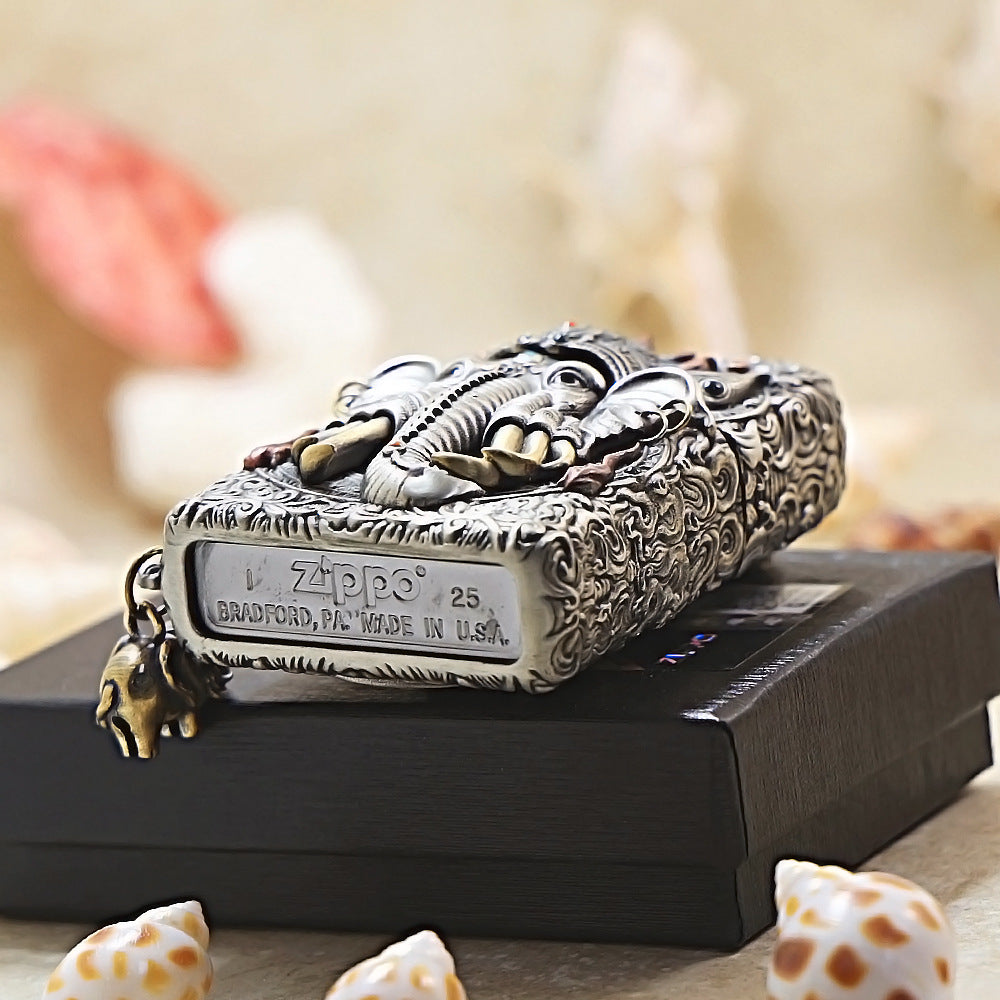 Zippo Antique Silver Shell Six-Tusked Elephant King Spirit Lighter - CM109