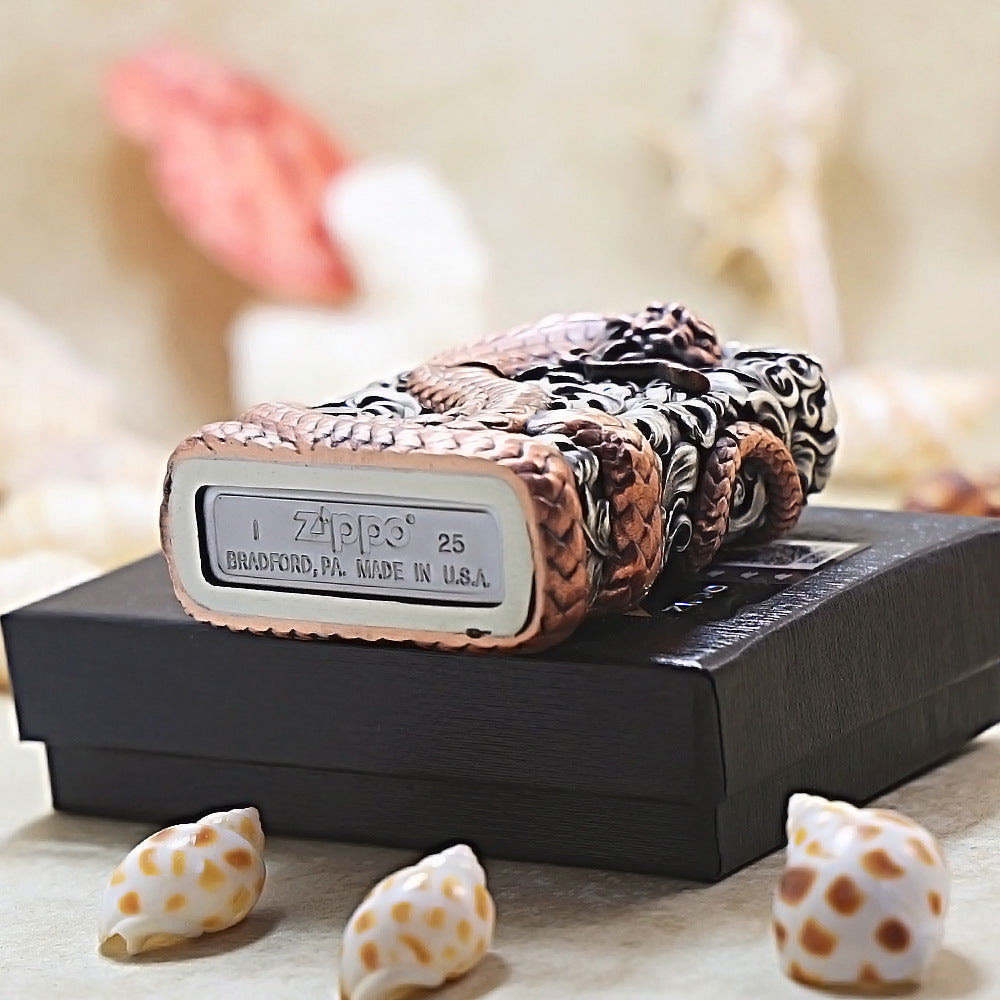 Zippo Antique Silver Shell Wealthy Copper Snake Zodiac Lighter - CM108