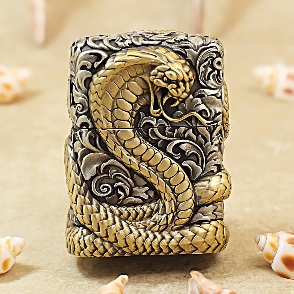 Zippo Antique Silver Shell Wealthy Golden Snake Zodiac Lighter - CM107