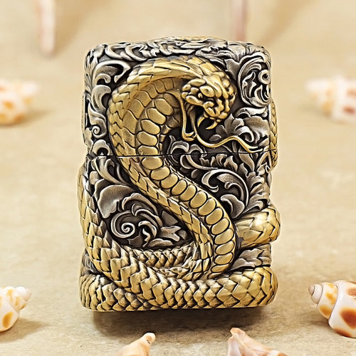 Zippo Antique Silver Shell Wealthy Golden Snake Zodiac Lighter - CM107