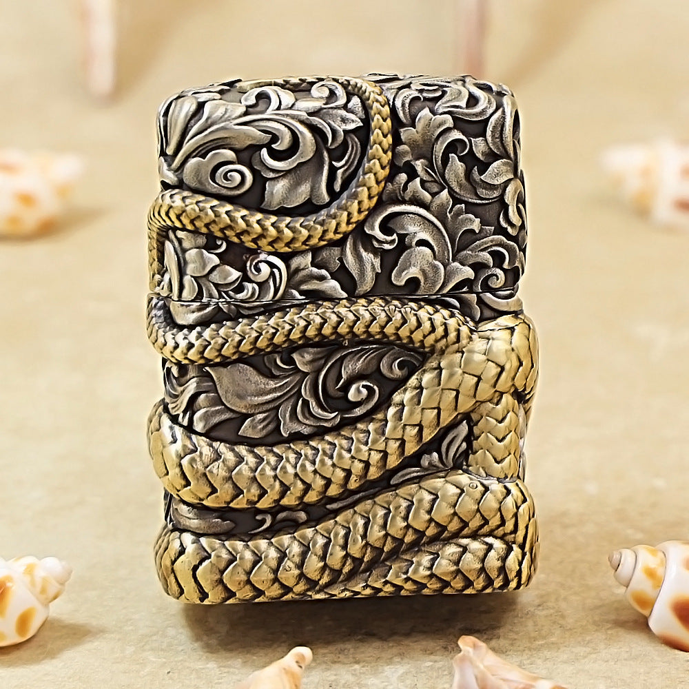 Zippo Antique Silver Shell Wealthy Golden Snake Zodiac Lighter - CM107
