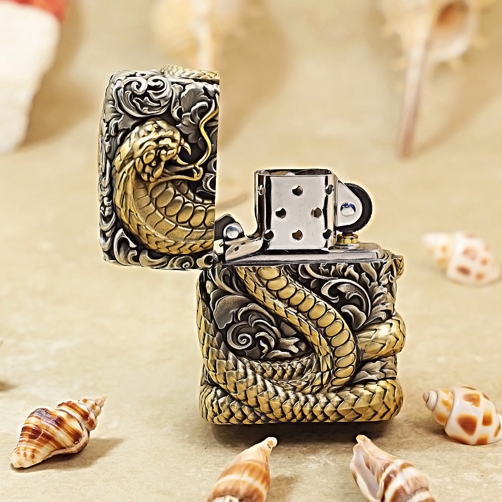 Zippo Antique Silver Shell Wealthy Golden Snake Zodiac Lighter - CM107