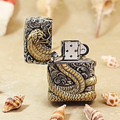 Zippo Antique Silver Shell Wealthy Golden Snake Zodiac Lighter - CM107