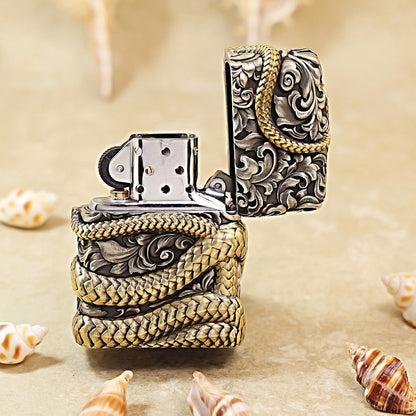 Zippo Antique Silver Shell Wealthy Golden Snake Zodiac Lighter - CM107