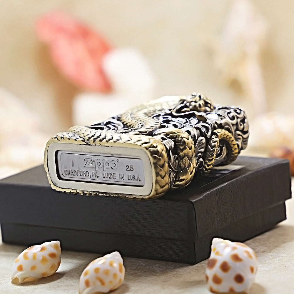 Zippo Antique Silver Shell Wealthy Golden Snake Zodiac Lighter - CM107