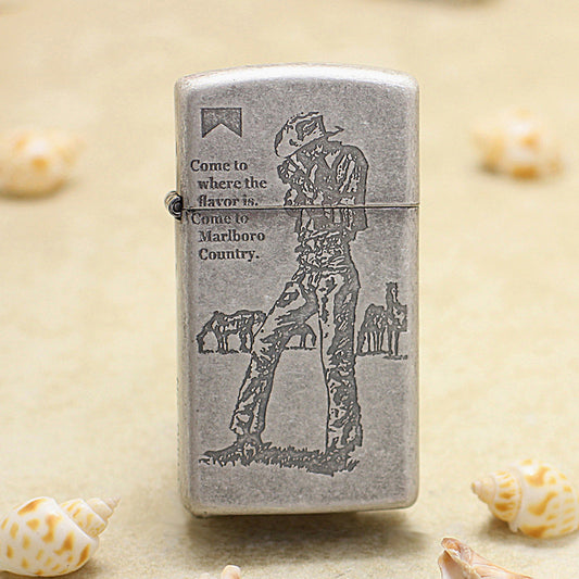 Zippo Antique Silver Slim Marlboro Cowboy Lighter - MC20