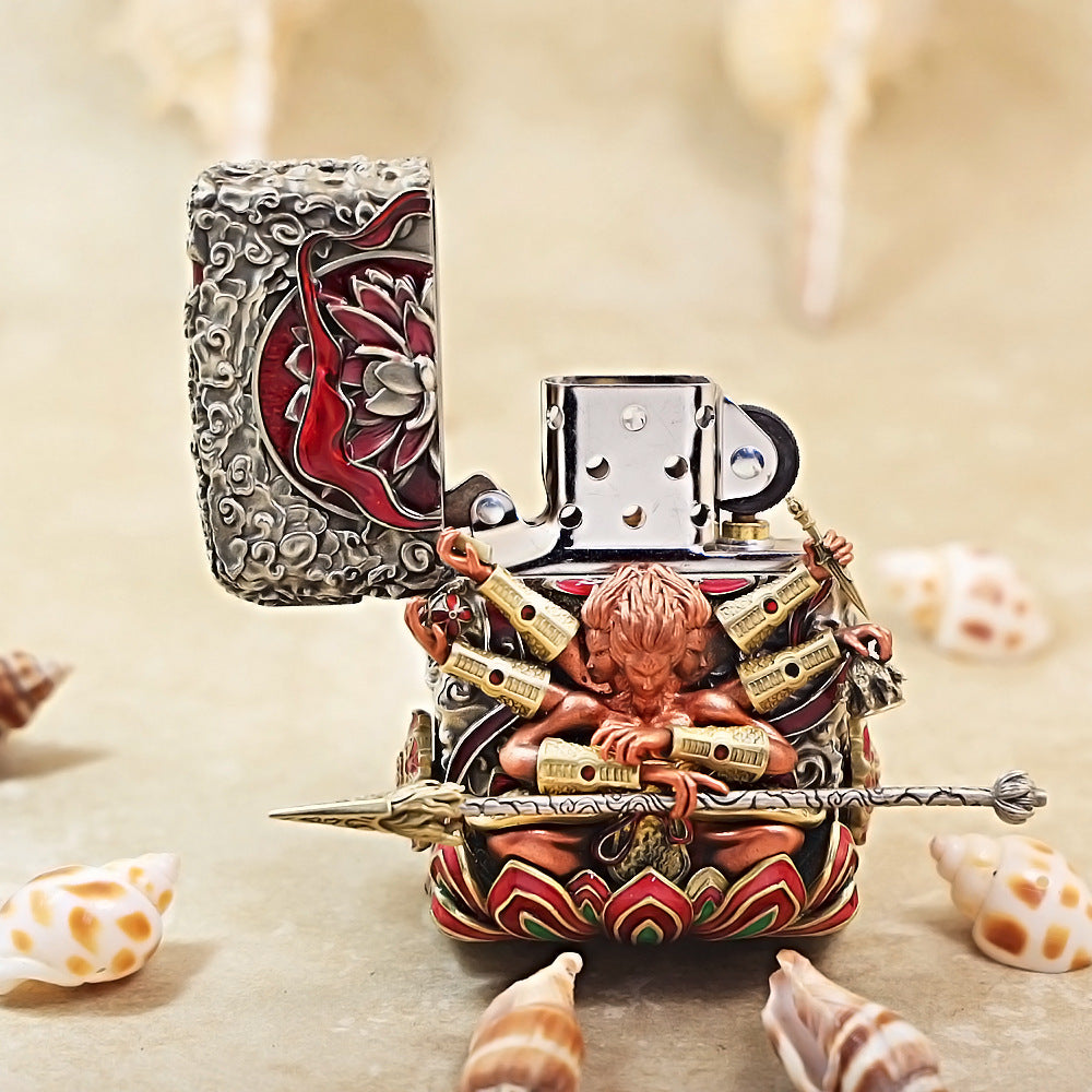 Zippo Antique Silver Three-Headed Six-Armed Nezha Shell Case - CM82