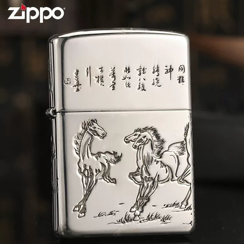 Zippo Armor Sterling Silver "Eight Horses" Lighter – 5-Side Deep Carved Limited Edition