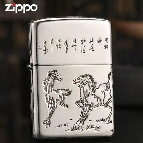 Zippo Armor Sterling Silver "Eight Horses" Lighter – 5-Side Deep Carved Limited Edition