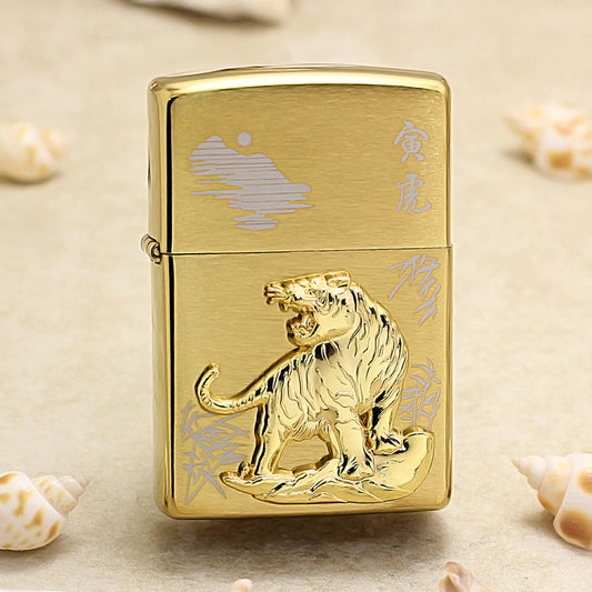 Zippo Brushed Gold Tiger and Bamboo Emblem Lighter - DS178