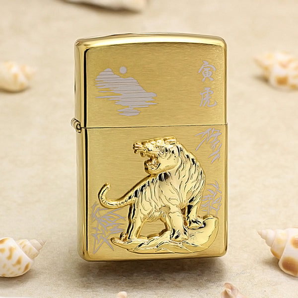 Zippo Brushed Gold Tiger and Bamboo Emblem Lighter - DS178