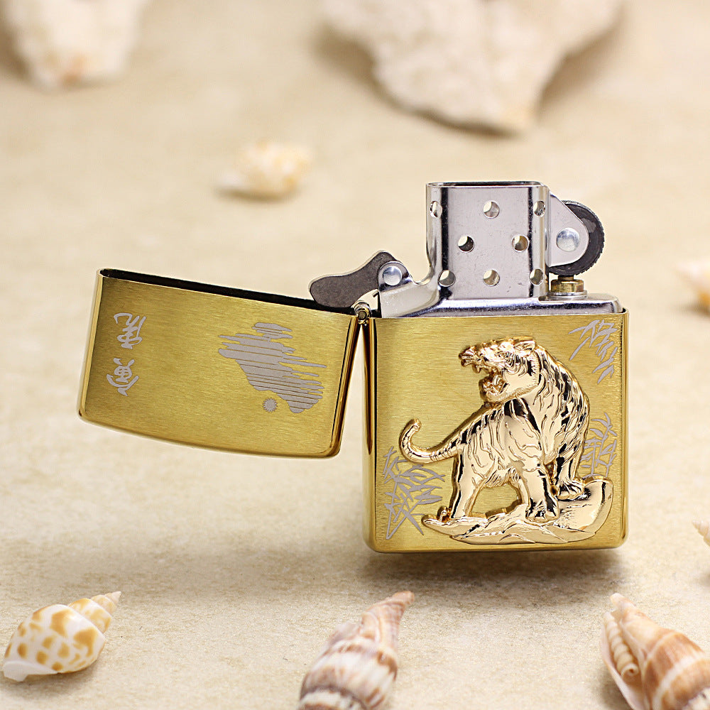 Zippo Brushed Gold Tiger and Bamboo Emblem Lighter - DS178
