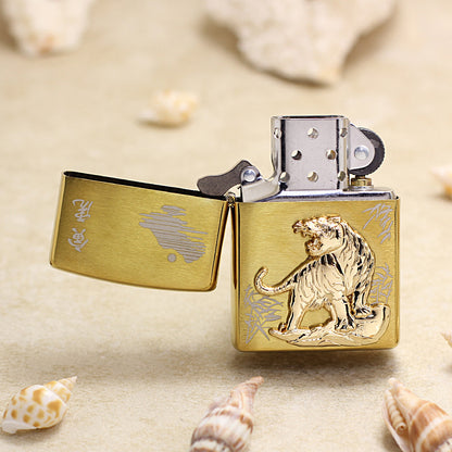 Zippo Brushed Gold Tiger and Bamboo Emblem Lighter - DS178