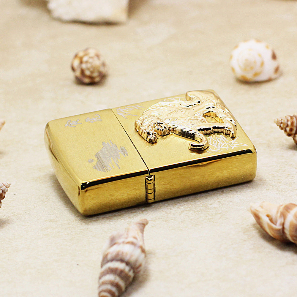 Zippo Brushed Gold Tiger and Bamboo Emblem Lighter - DS178