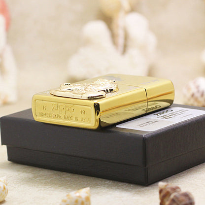 Zippo Brushed Gold Tiger and Bamboo Emblem Lighter - DS178