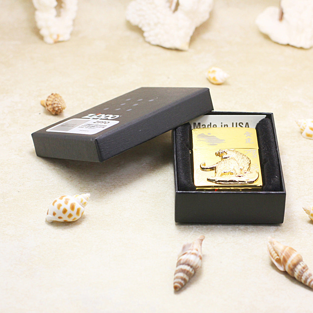 Zippo Brushed Gold Tiger and Bamboo Emblem Lighter - DS178