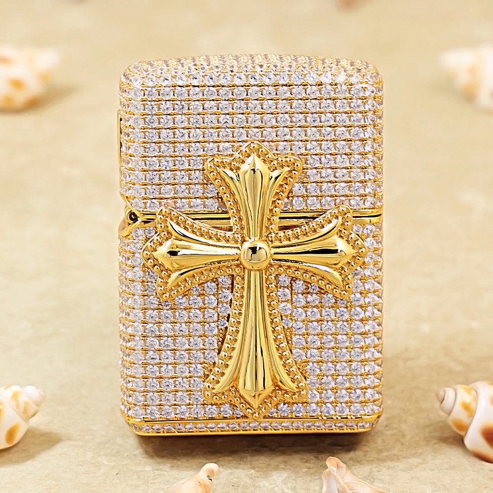 Zippo Gold Full Crystal Pavé Gothic Cross Emblem Shell Lighter - CM112
